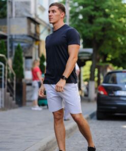 Летний мужской комплект - темно-синяя футболка и серые шорты