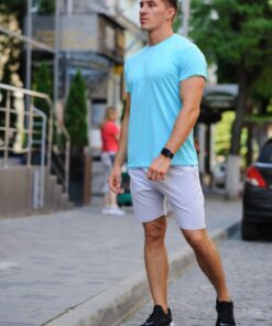 Летний мужской комплект - бирюзовая футболка и серые шорты