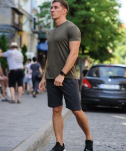Летний мужской комплект - хаки футболка и темно-серые шорты