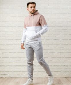 Мужской спортивный костюм - кофейно-белая худи и серые штаны, осень-зима