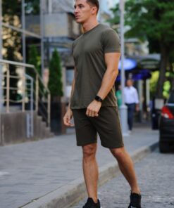 Мужской летний комплект - хаки футболка и хаки шорты