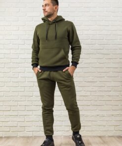 Мужской спортивный костюм утепленный - худи и штаны, цвет хаки, осень-зима