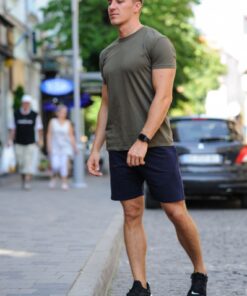 Летний мужской комплект - темно-синие шорты и хаки футболка