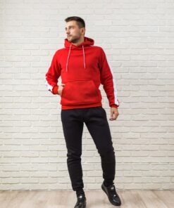 Мужской спортивный костюм - красная худи с лампасами и черные штаны, осень-зима