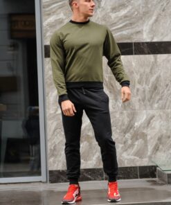 Мужской спортивный костюм - хаки свитшот и черные штаны, весна-осень