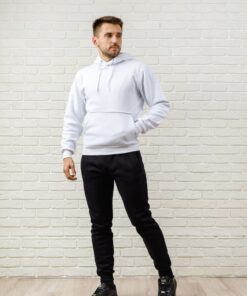 Мужской спортивный костюм  - белая худи и черные штаны на флисе, осень-зима
