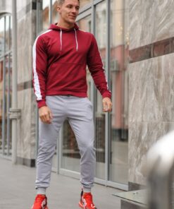 Мужской спортивный костюм  - бордовая худи с лампасами и серые штаны, весна-осень