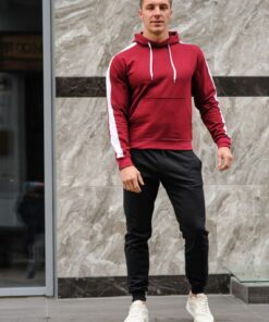 Мужской спортивный костюм - бордовая худи с лампасами и черные штаны, весна-осень