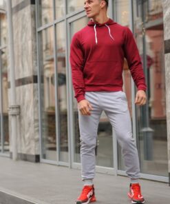 Мужской спортивный костюм  - бордовая худи с капюшоном и серые штаны, весна-осень