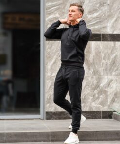 Мужской спортивный костюм - худи с капюшоном и штаны, цвет черный, весна-осень