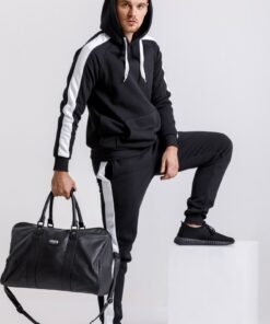 Мужской спортивный костюм на флисе - черные худи и штаны с лампасами, осень-зима