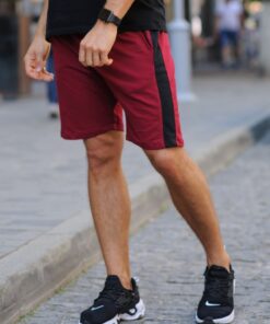 Мужские спортивные шорты, цвет бордовый с черными лампасами