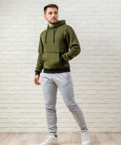 Мужской спортивный костюм - худи хаки и серые штаны на флисе, осень-зима