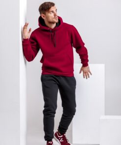 Мужской спортивный костюм - бордовая худи и черные штаны на флисе, осень-зима