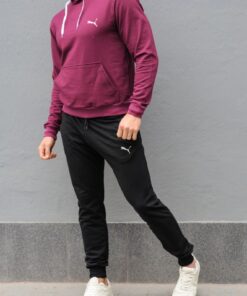 Мужской спортивный костюм Puma - бордовая худи и черные штаны, весна-осень