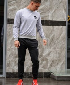 Мужской спортивный костюм Adidas, серый свитшот и черные штаны, весна-осень.