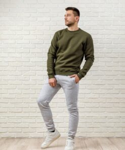 Мужской спортивный костюм на флисе  - свитшот хаки и серые штаны, осень-зима
