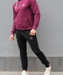 Мужской спортивный костюм Adidas, бордовая худи и черные штаны, весна-осень.