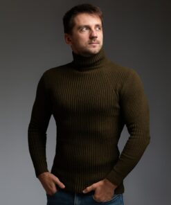 Теплый мужской гольф, горловина с подворотом, цвет хаки