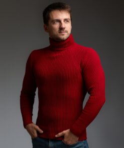 Теплый мужской гольф, горловина с подворотом, цвет красный