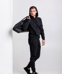 Мужской спортивный костюм - худи и штаны на флисе, цвет черный, осень-зима