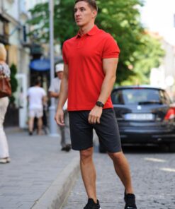 Комплект летний мужской - темно-серые шорты и красная тенниска поло