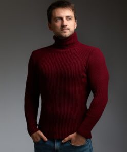Теплый мужской гольф, горловина с подворотом, цвет бордовый