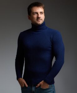 Теплый мужской гольф, горловина с подворотом, цвет синий "индиго"