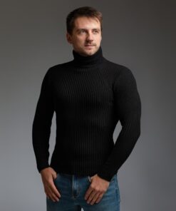 Теплый мужской гольф, горловина с подворотом, цвет черный