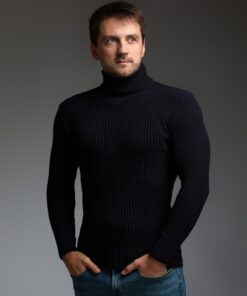 Теплый мужской гольф, горловина с подворотом, цвет темно-синий