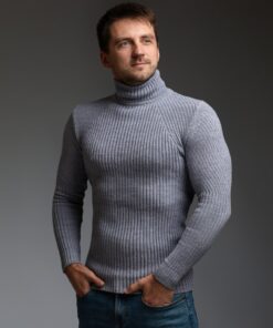 Теплый мужской гольф, горловина с подворотом, цвет серый