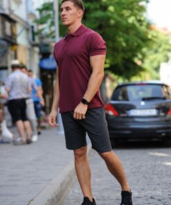 Комплект летний мужской - темно-серые шорты и бордовая тенниска поло