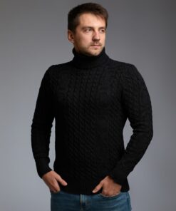 Теплый мужской свитер с узором "Цепи", цвет черный