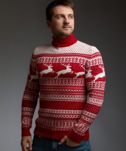 Мужской свитер с оленями, красно-белый с прямой горловиной