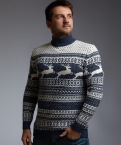 Мужской свитер с оленями, с прямой горловиной, цвет Индиго