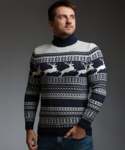 Мужской свитер с оленями, сине-белый с прямой горловиной