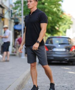 Комплект летний мужской - темно-серые шорты и черная тенниска поло