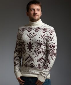 Мужской теплый белый свитер с оленями, с подвернутой горловиной