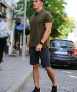 Комплект летний мужской - шорты темно-серые и хаки тенниска поло