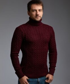 Теплый мужской свитер с узором "Цепи", цвет бордовый