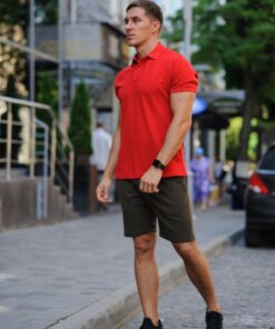 Комплект летний мужской - хаки шорты и красная тенниска поло