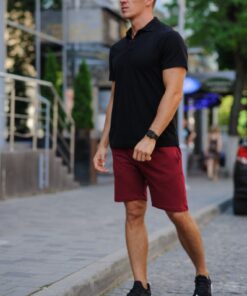Комплект летний мужской - шорты бордо и черная тенниска поло
