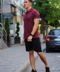 Комплект летний мужской - черные шорты и бордовая тенниска поло