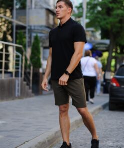 Комплект летний мужской - хаки шорты и черная тенниска поло