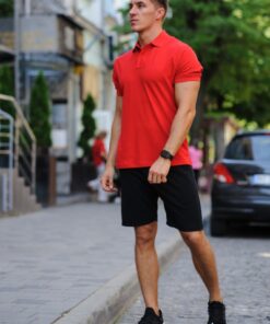 Комплект летний мужской - черные шорты и красная тенниска поло