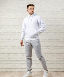 Мужской спортивный костюм на флисе, белая худи и серые штаны, осень-зима