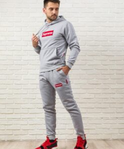 Спортивный мужской костюм Supreme серого цвета на флисе, осень-зима