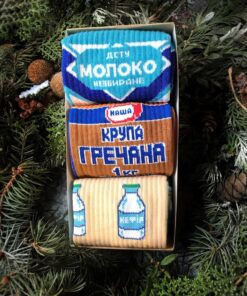 Высокие, цветные носки с приколами. Набор: "Гречка, Молоко, Хлеб"